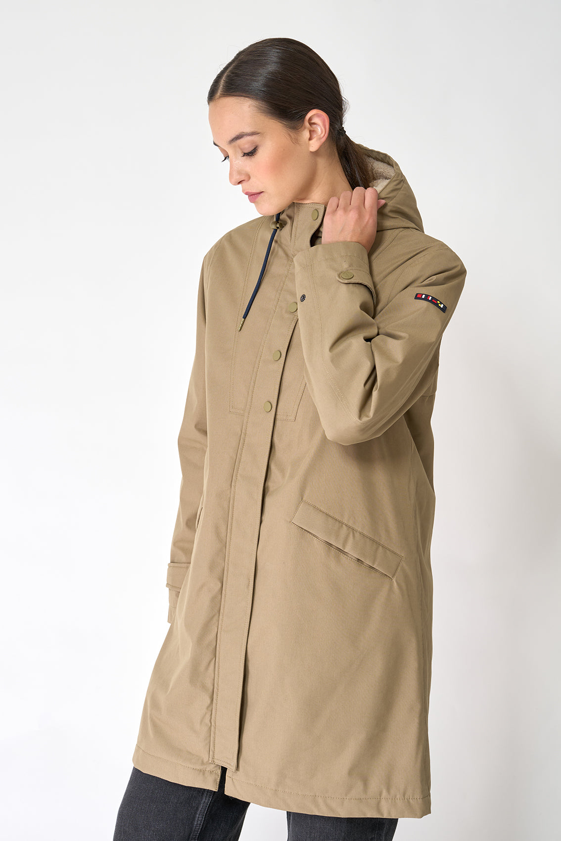 100% waterproof cotton, sherpa-lined coat