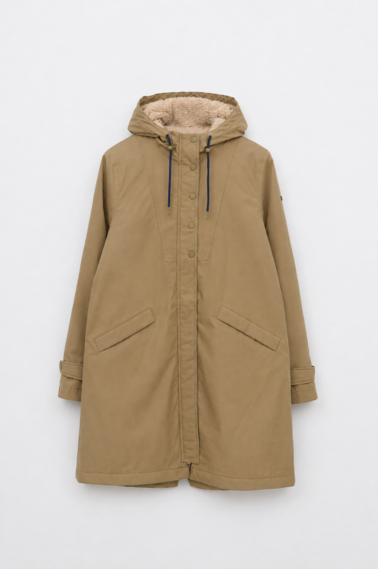 100% waterproof cotton, sherpa-lined coat