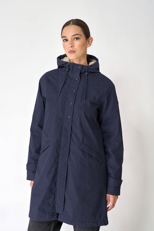 100% waterproof cotton, sherpa-lined coat