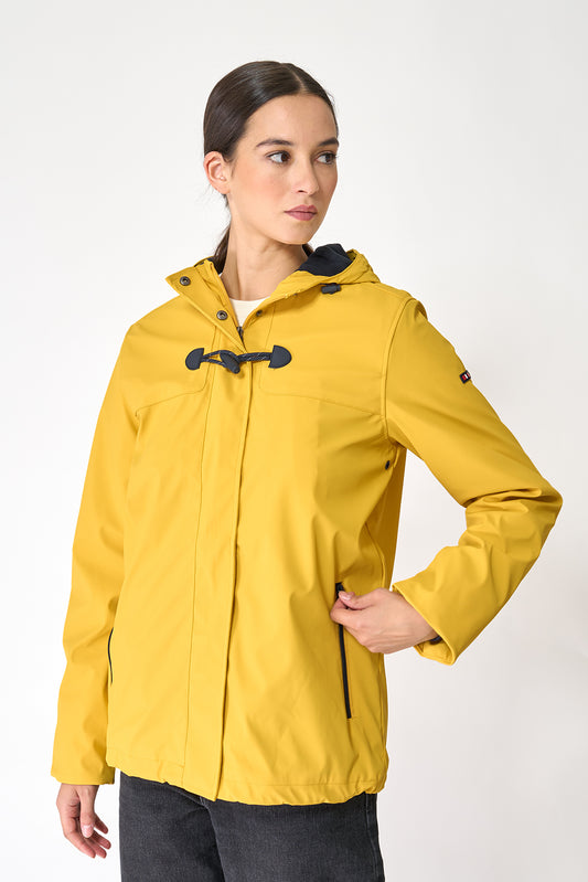 Short waterproof jacket with duffle-style detailing