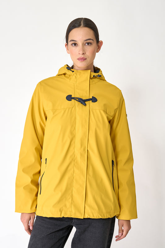 Short waterproof jacket with duffle-style detailing