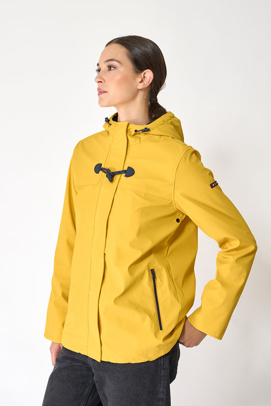 Short waterproof jacket with duffle-style detailing