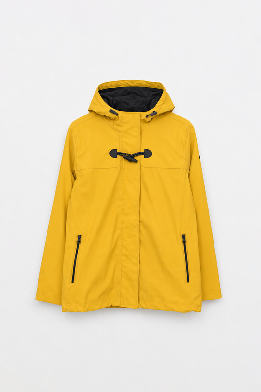 Short waterproof jacket with duffle-style detailing