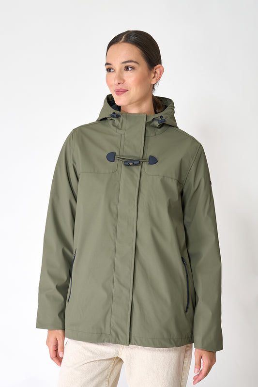 Short waterproof jacket with duffle-style detailing
