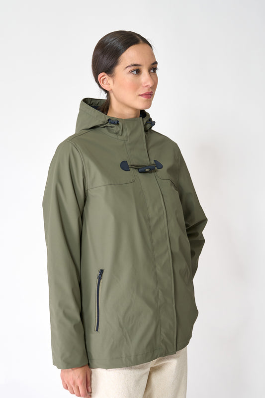 Short waterproof jacket with duffle-style detailing