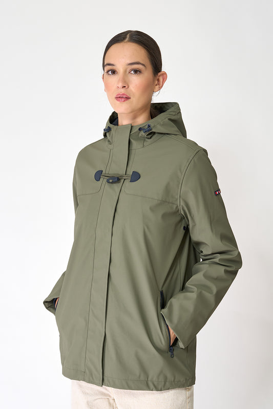 Short waterproof jacket with duffle-style detailing