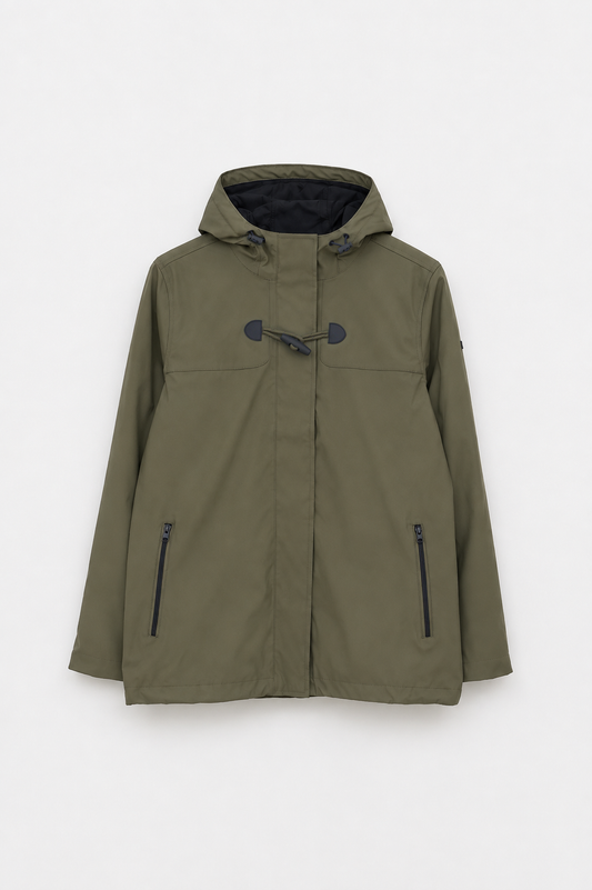 Short waterproof jacket with duffle-style detailing