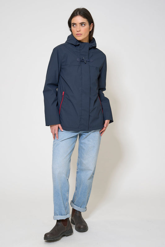 Short waterproof jacket with duffle-style detailing