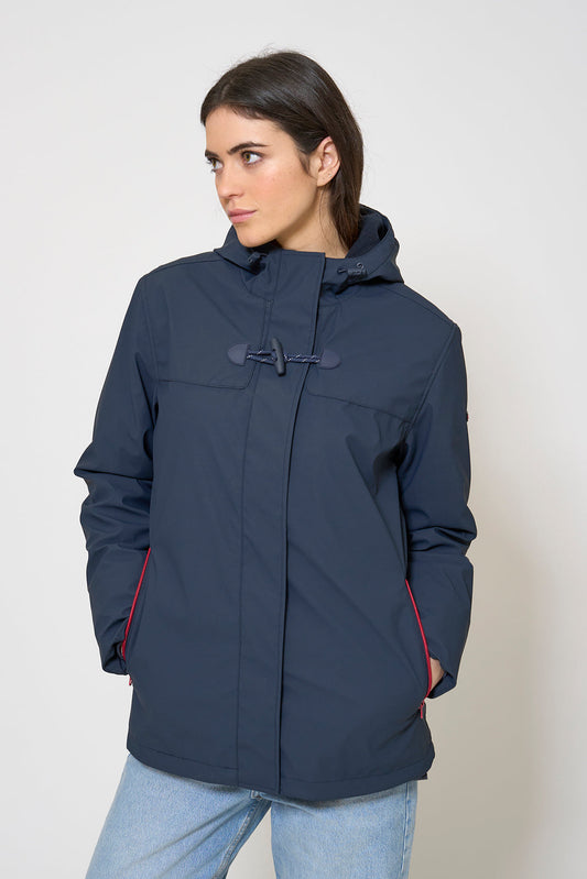Short waterproof jacket with duffle-style detailing