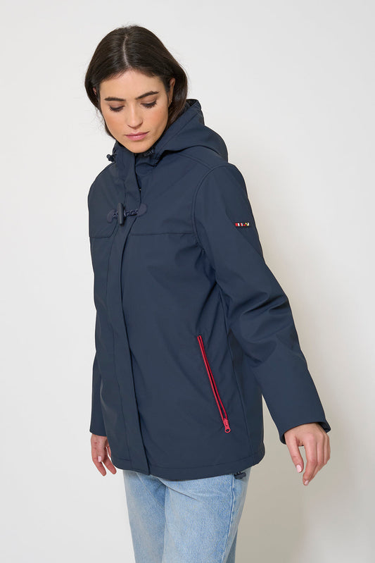 Short waterproof jacket with duffle-style detailing