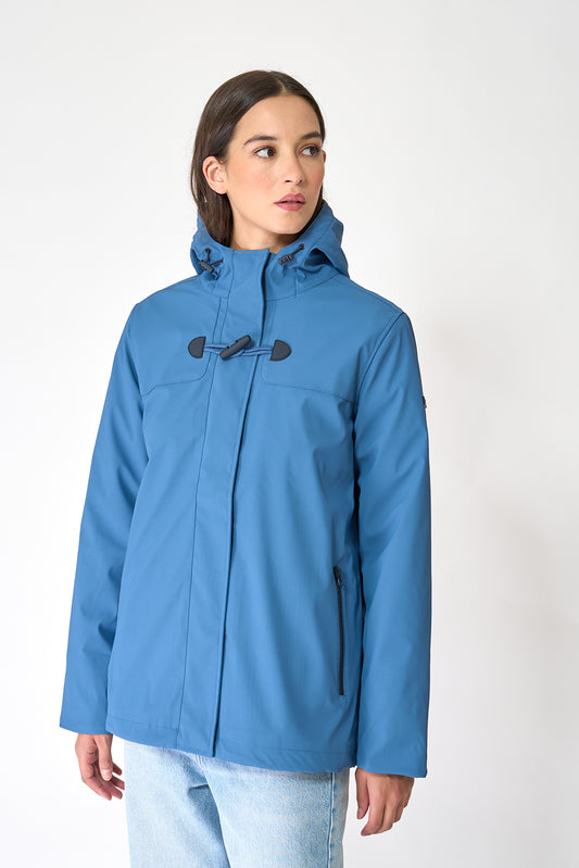Short waterproof jacket with duffle-style detailing