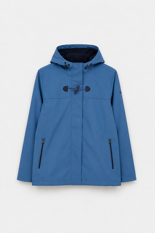 Short waterproof jacket with duffle-style detailing