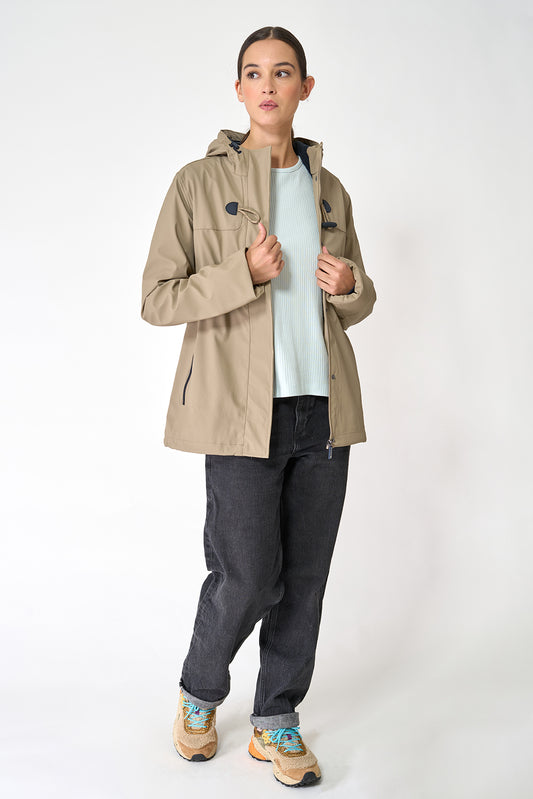 Short waterproof jacket with duffle-style detailing