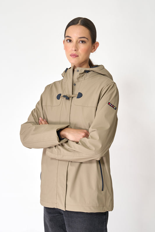 Short waterproof jacket with duffle-style detailing