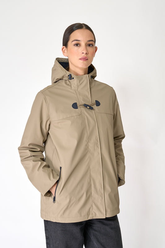 Short waterproof jacket with duffle-style detailing