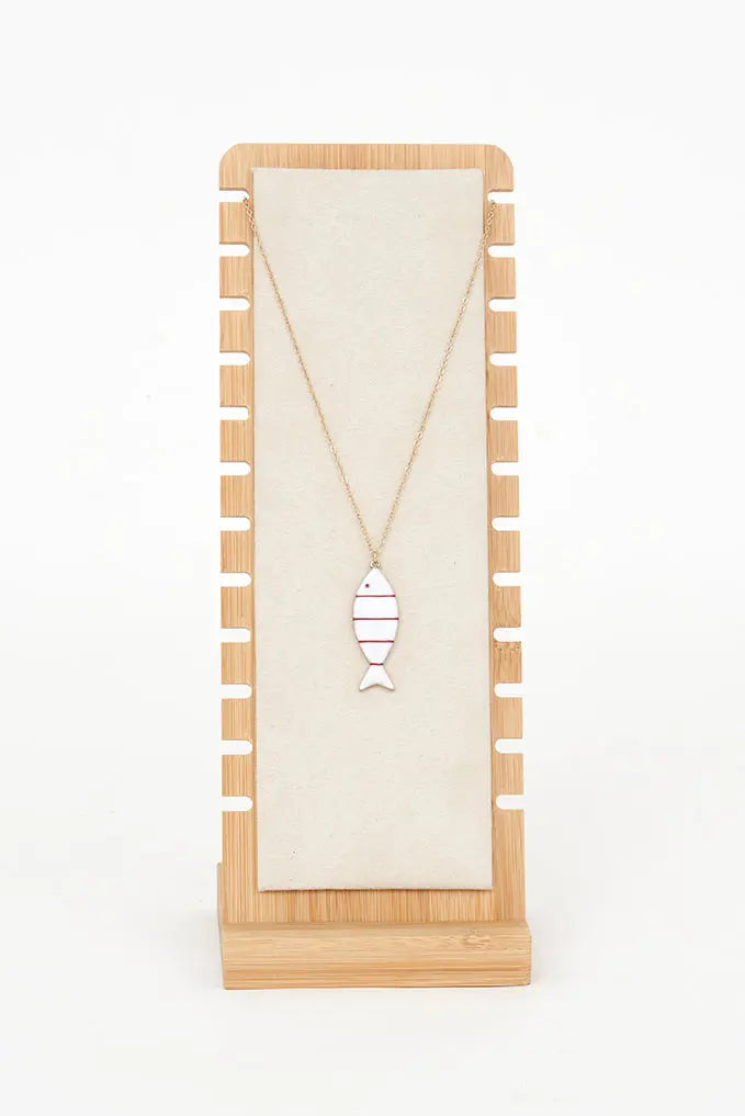 Red striped ceramic and metal fish necklace