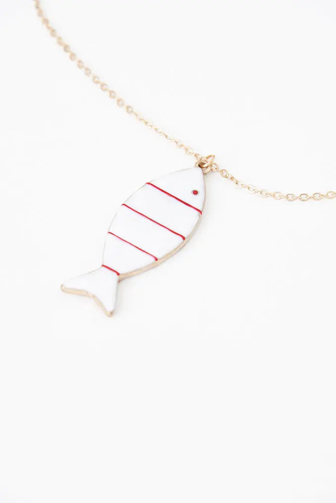 Red striped ceramic and metal fish necklace