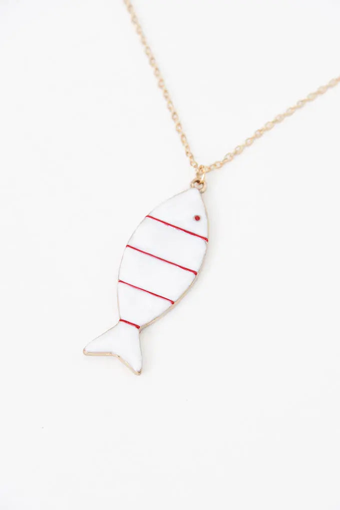 Red striped ceramic and metal fish necklace