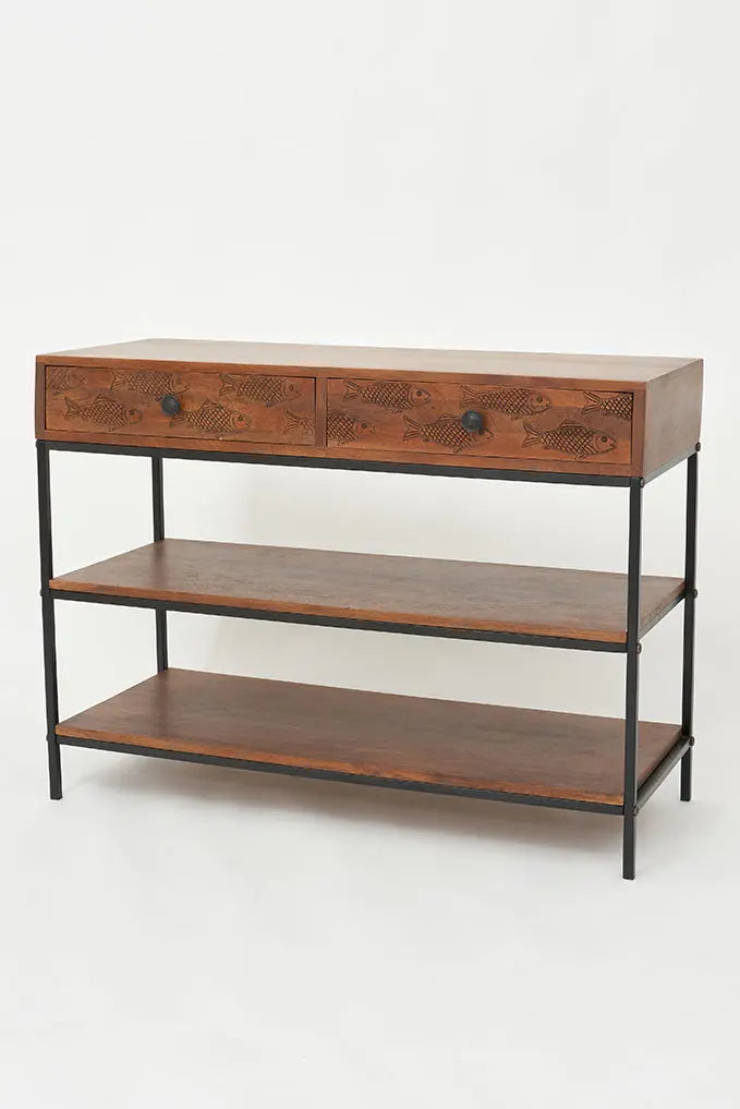 Consola o mueble  de madera y metal peces tallados - BATELA