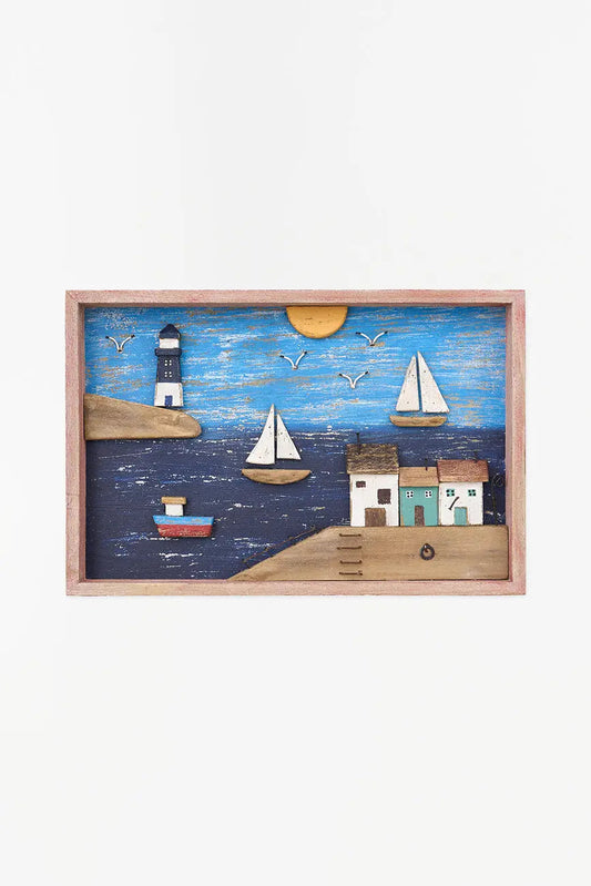 Cuadro de paisaje costero en madera envejecida