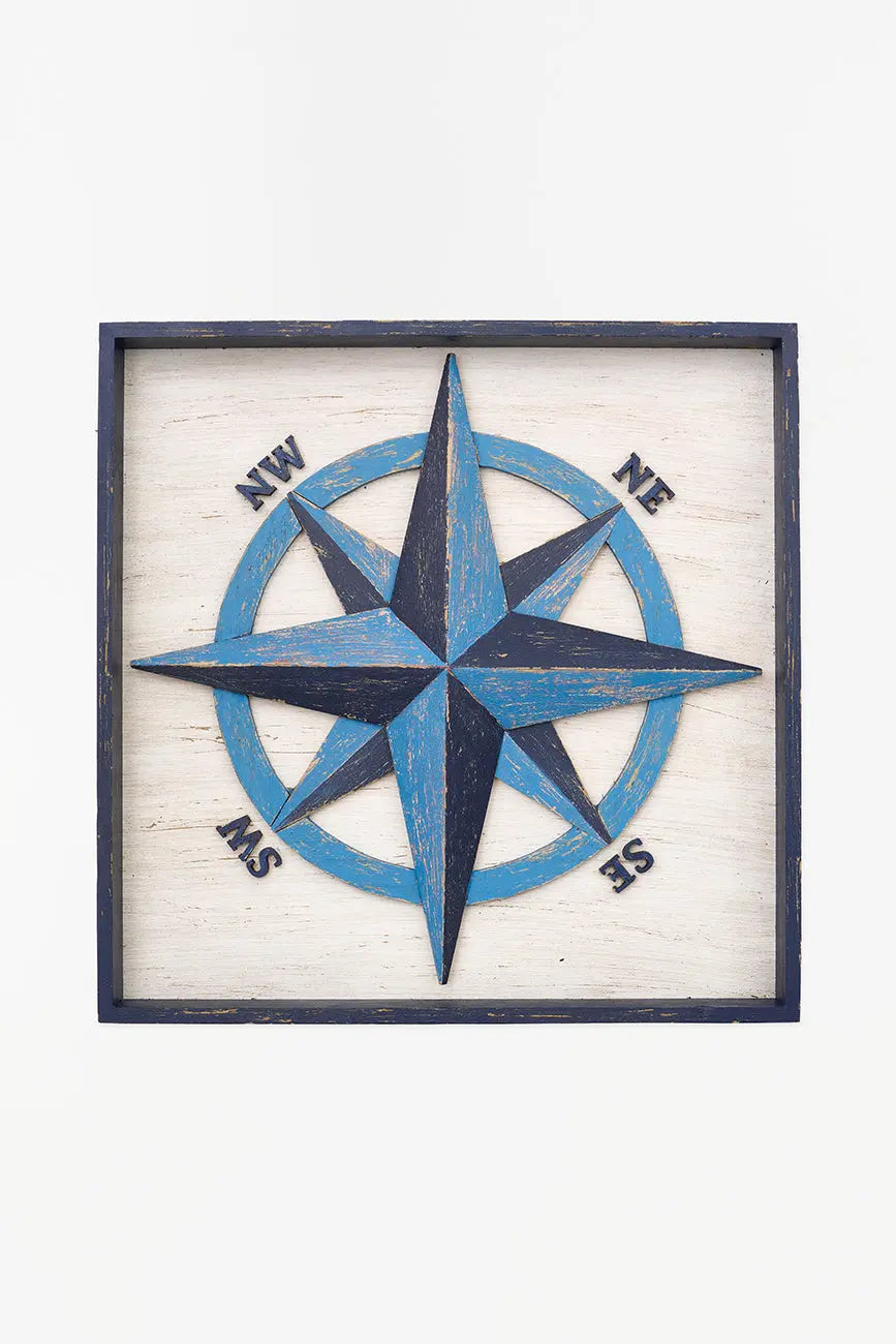 Cuadro de rosa de los vientos de madera envejecida