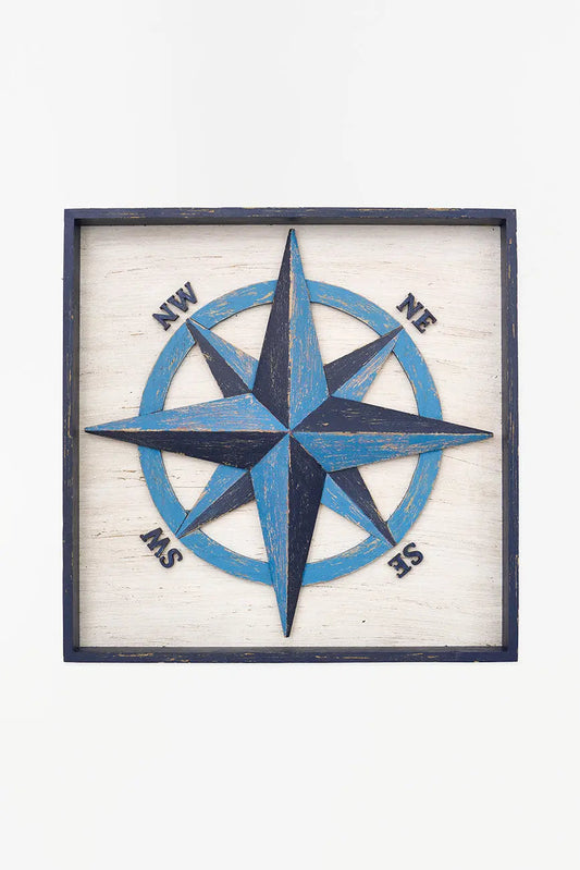 Cuadro de rosa de los vientos de madera envejecida