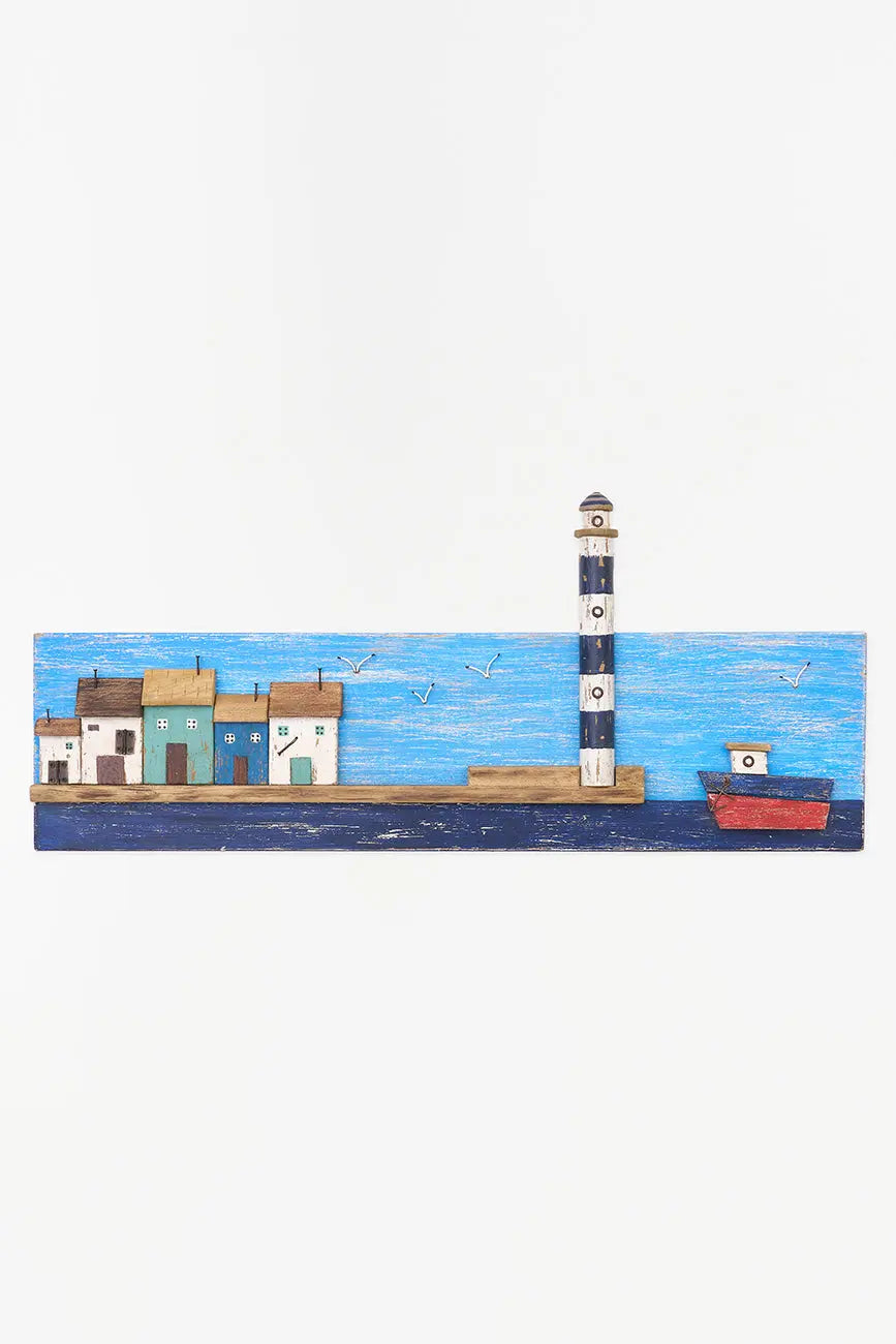 Cuadro de paisaje costero con puerto en madera envejecida