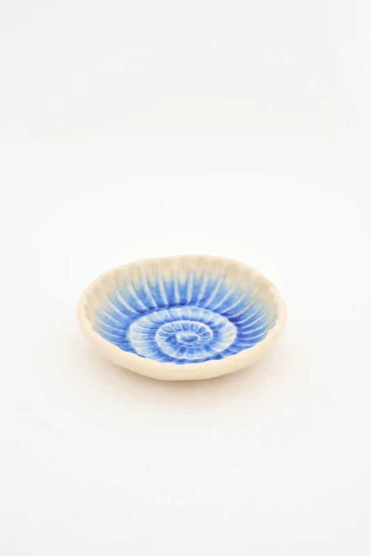 Plato con caracola azul pintada en el cuenco