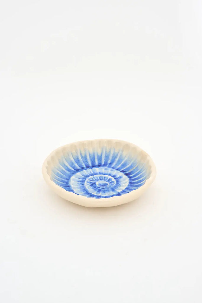 Plato con caracola azul pintada en el cuenco
