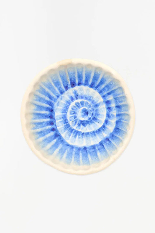 Plato con caracola azul pintada en el cuenco