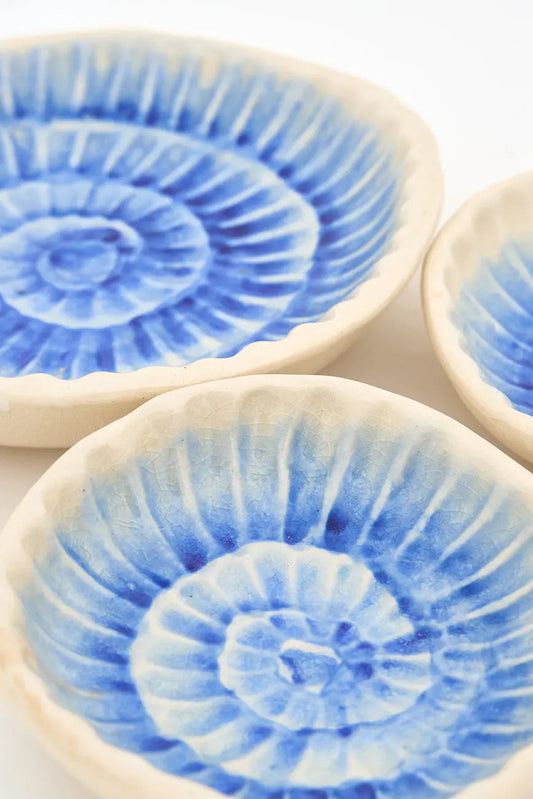 Plato con caracola azul pintada en el cuenco