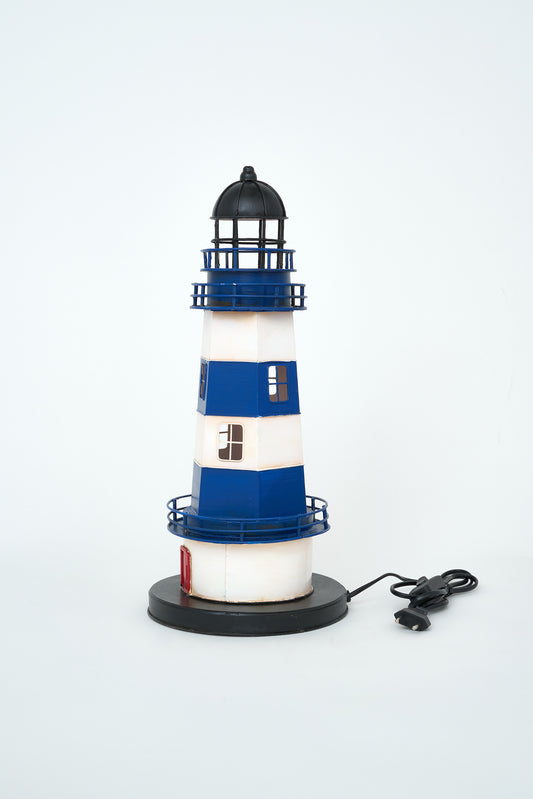 Blue and white metal lighthouse lamp