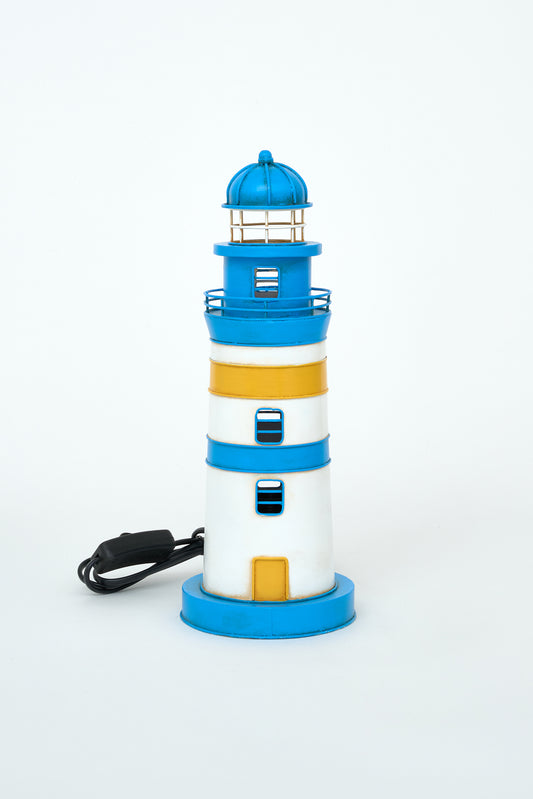 Blue and yellow metal lighthouse lamp