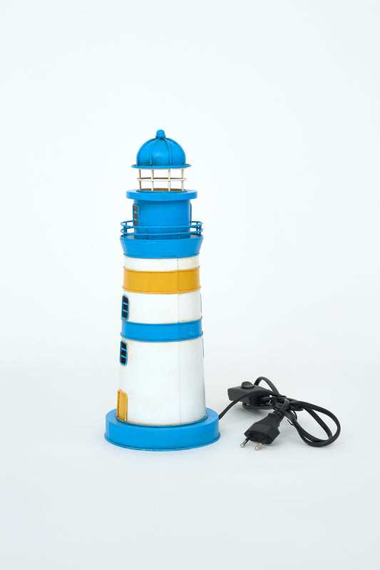 Blue and yellow metal lighthouse lamp