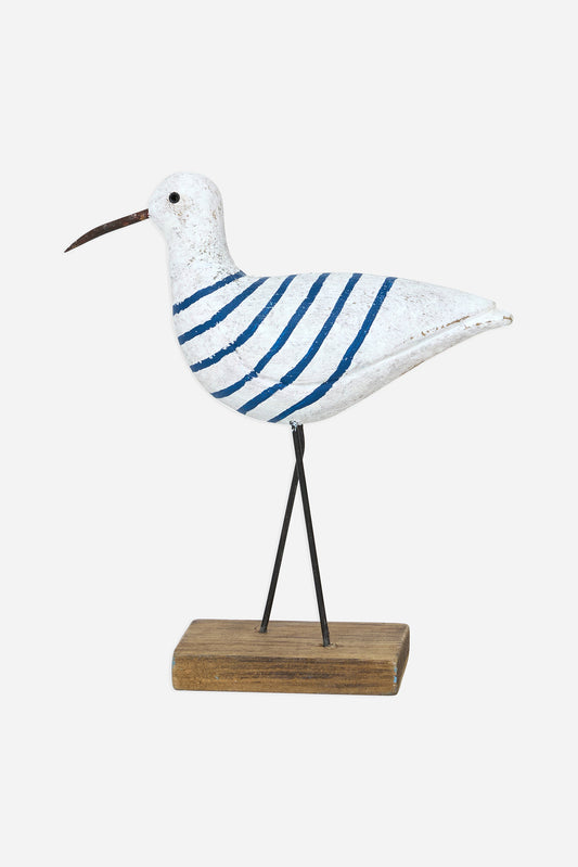 Wooden bird figurine with blue stripes