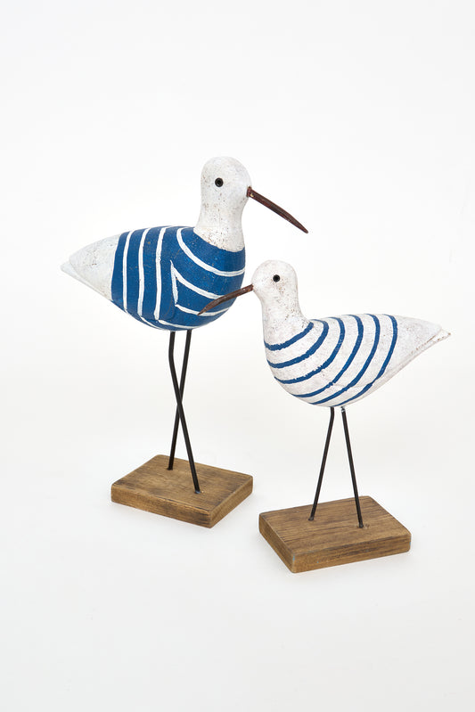 Wooden bird figurine with blue stripes