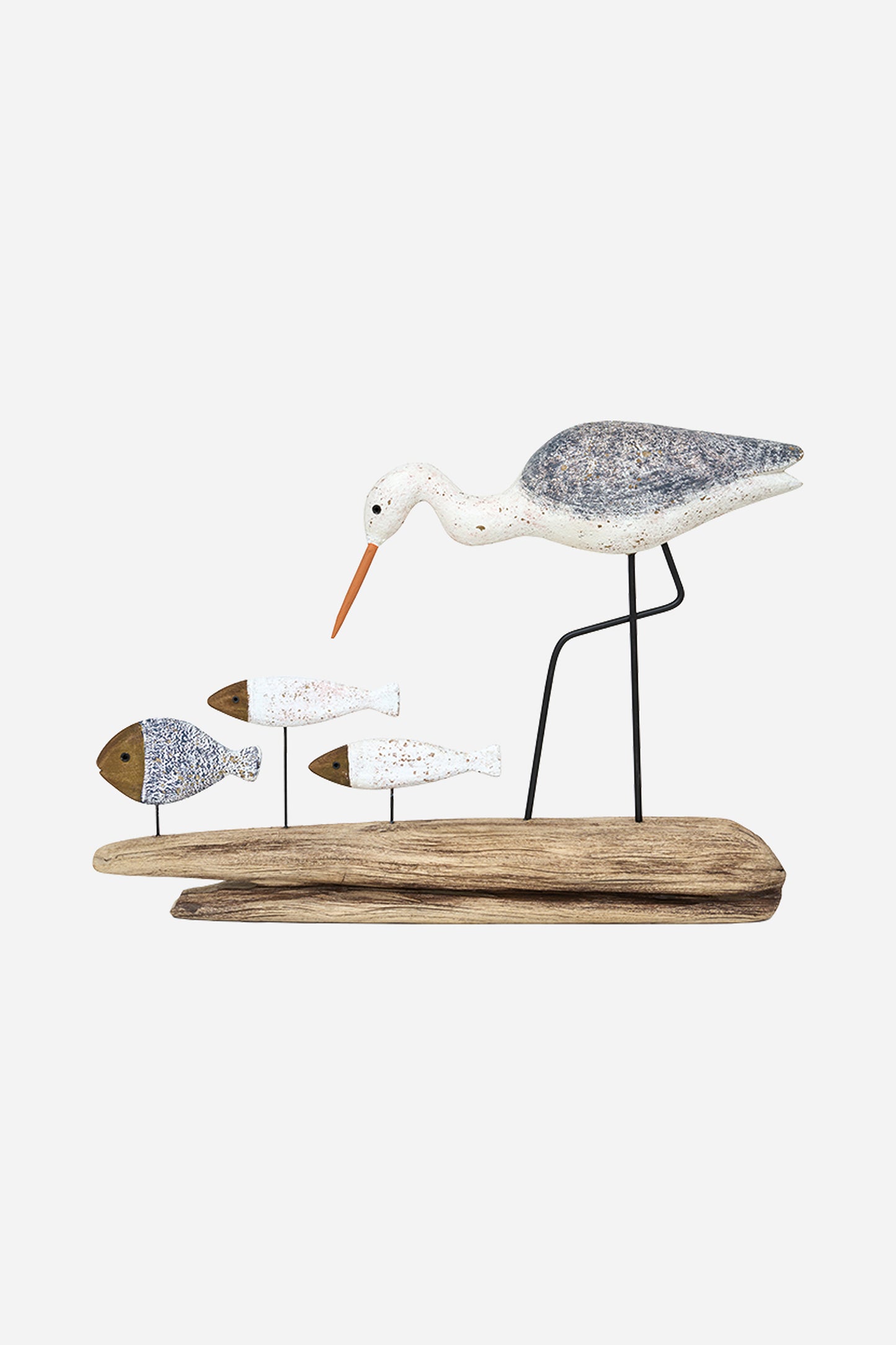 Decorative wooden bird figurine with fish