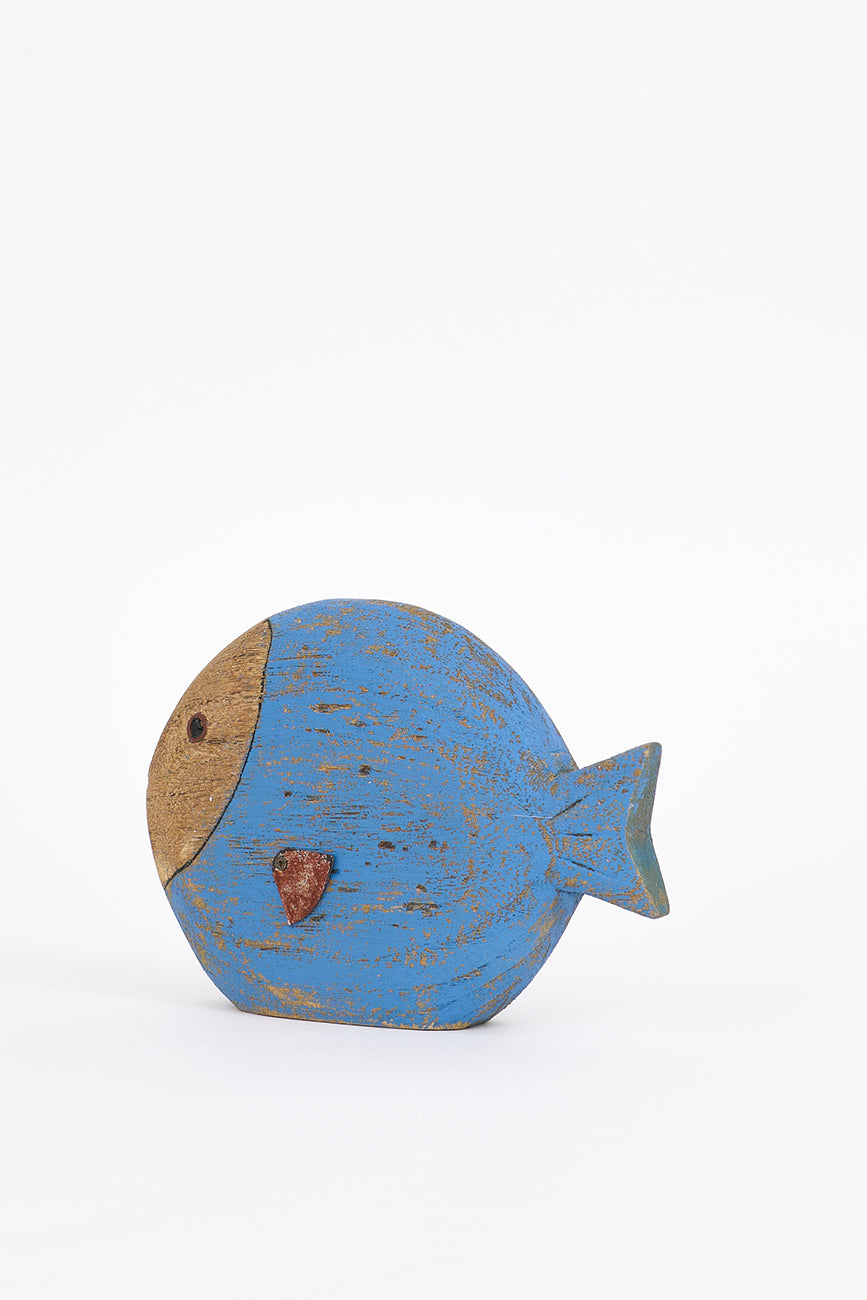 Pez de madera pintado en azul