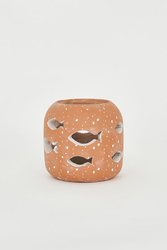 Large cement candle holder with perforated fish