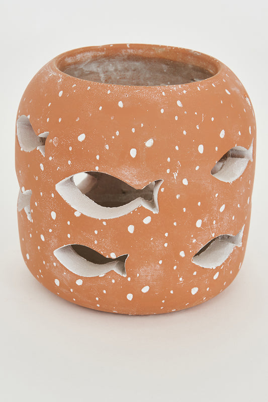 Large cement candle holder with perforated fish