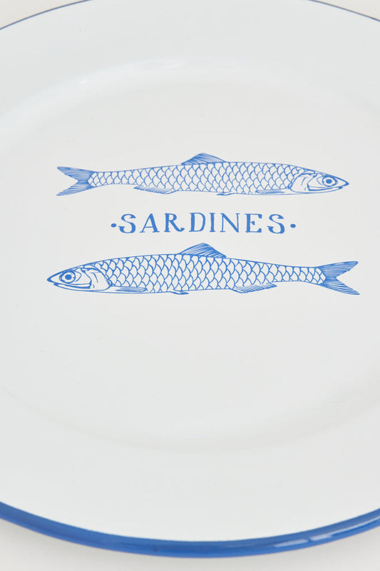 Large plate in white enameled metal "sardines"