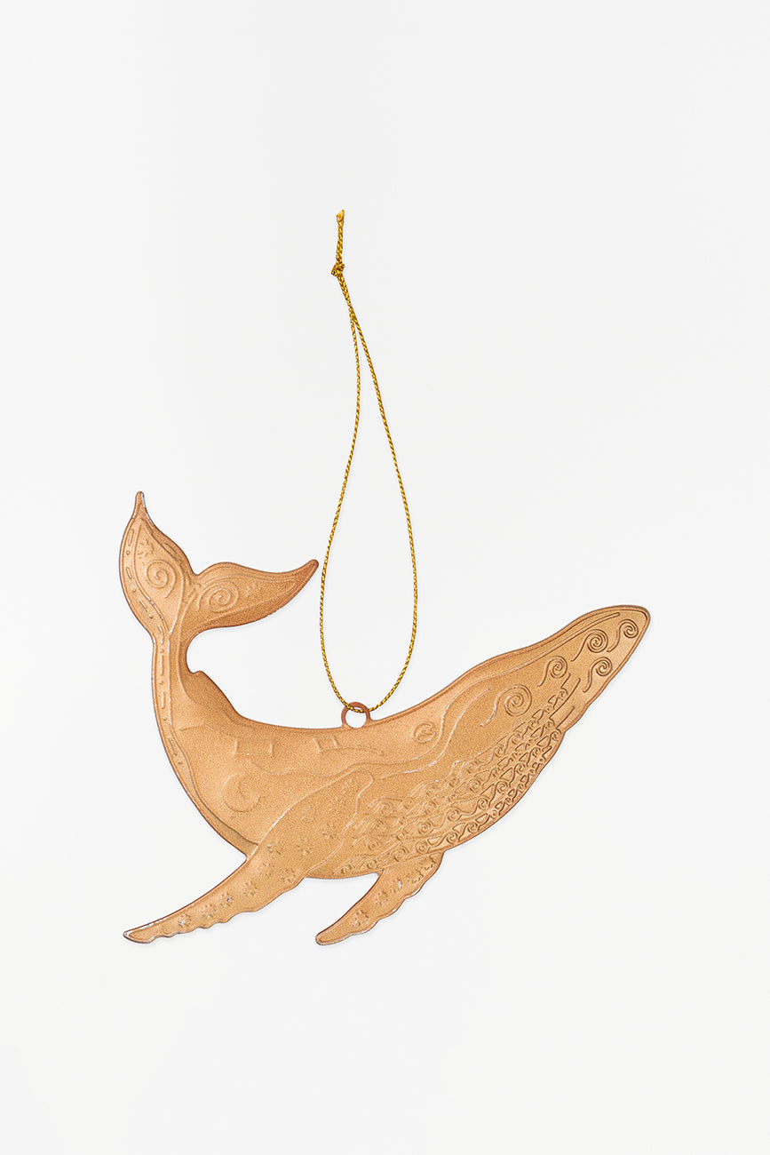 Golden tin whale Christmas pendant