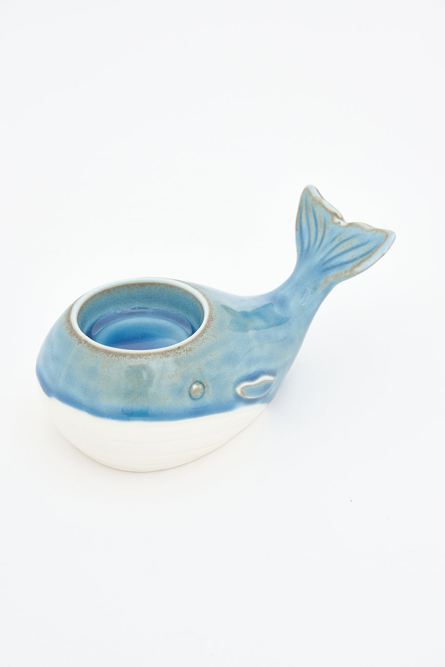Portavelas forma ballena en porcelana azul