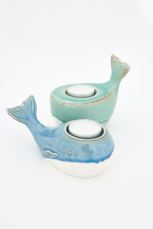 Whale-shaped candle holder in blue porcelain