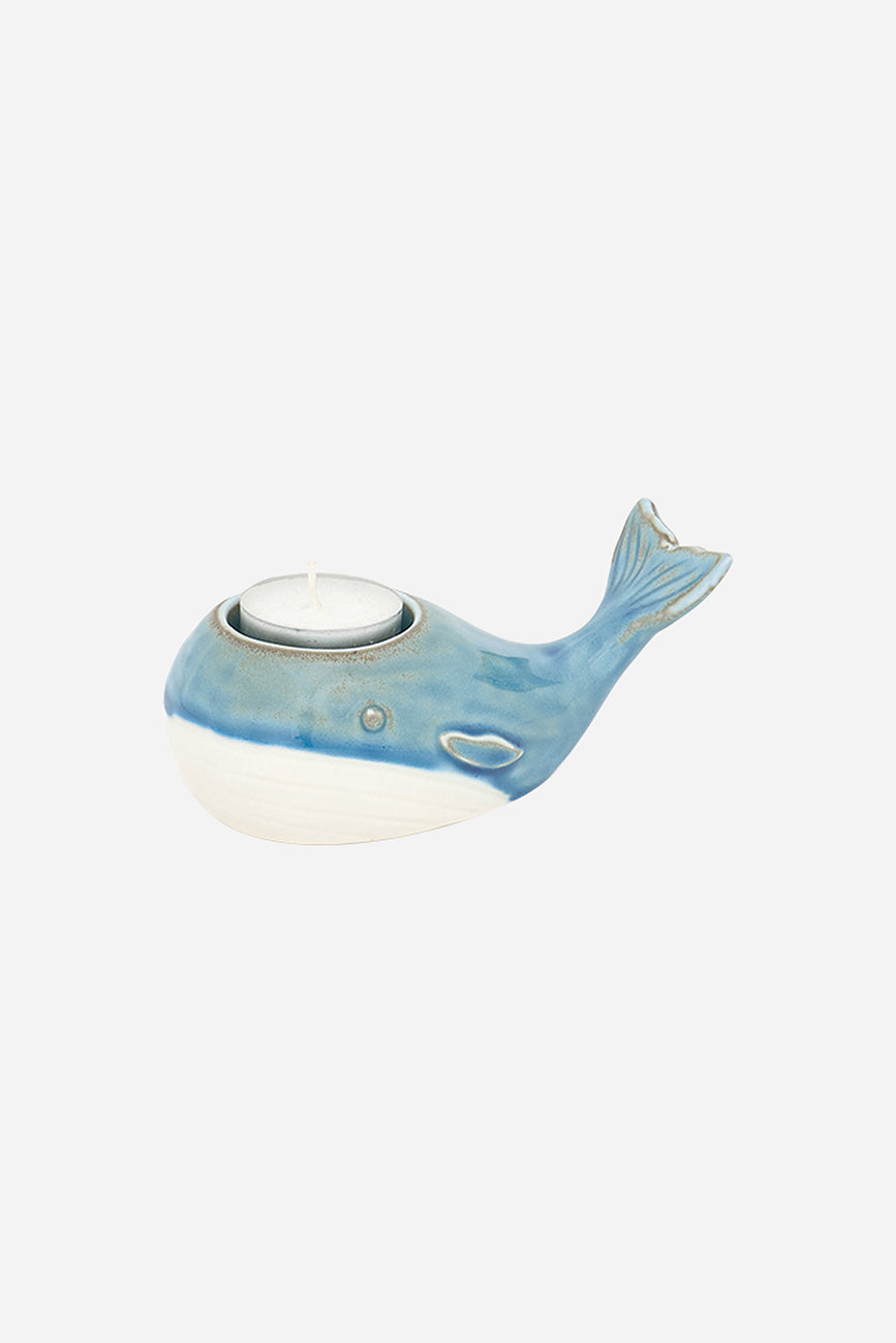 Portavelas forma ballena en porcelana azul