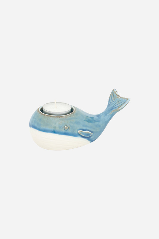 Whale-shaped candle holder in blue porcelain