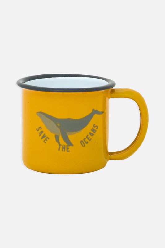 Taza esmaltada amarilla pequeña con ballena