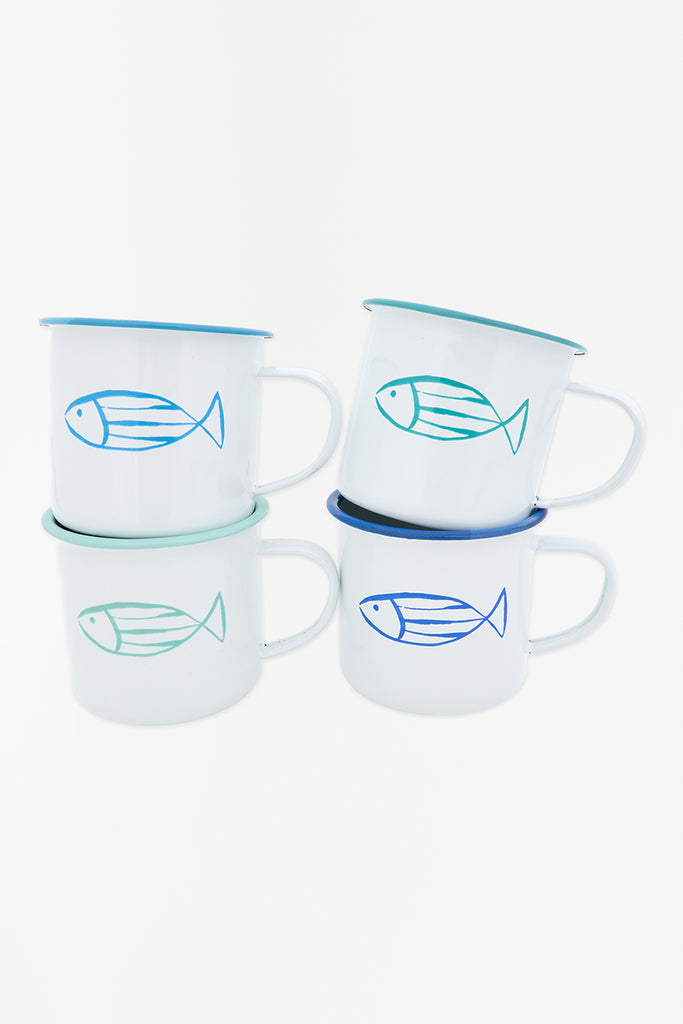 4 mugs o tazas esmaltadas con pez