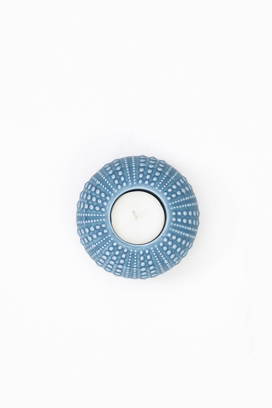 Sea urchin candle holder in light blue ceramic