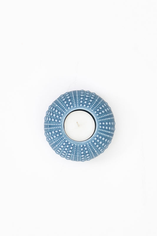 Sea urchin candle holder in light blue ceramic